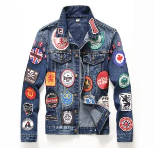 2017 winter European American Style Pattern mens Badge denim jacket brand luxury men Outerwear & Coats blue denim jacket