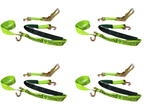 2" x 11' DIAMOND WEAVE 3 Point Ratchet Wheel Strap with 2' Low Profile Grip Sleeve (Swivel J)(4 Pack)
