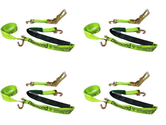 2" x 11' DIAMOND WEAVE 3 Point Ratchet Wheel Strap with 2' Low Profile Grip Sleeve (Swivel J)(4 Pack)