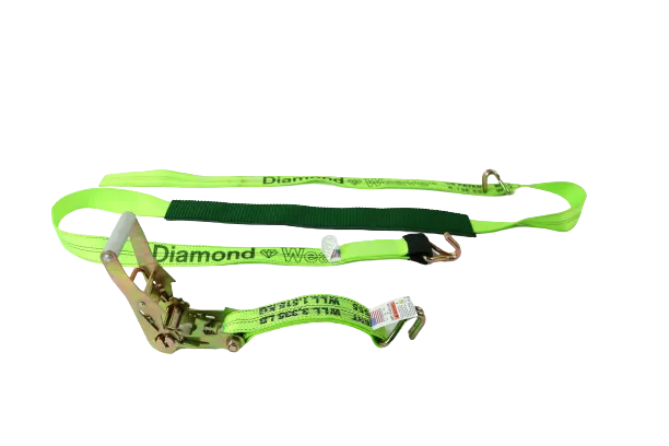 2" x 11' DIAMOND WEAVE 3 Point Ratchet Wheel Strap  with 2' Low Profile Grip Sleeve (Wire Hook)
