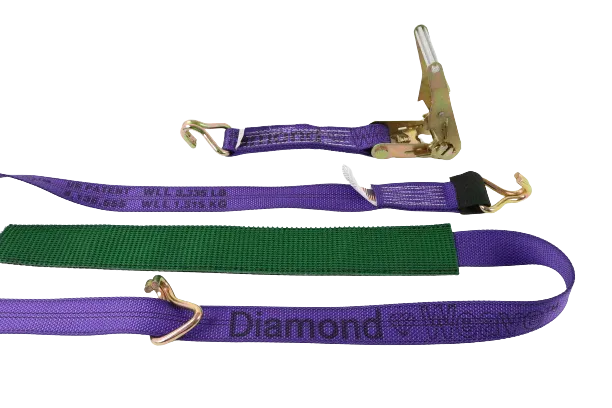 2" x 11' DIAMOND WEAVE 3 Point Ratchet Wheel Strap  with 2' Low Profile Grip Sleeve (Wire Hook)