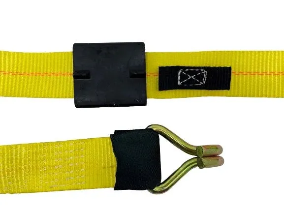 2" x 11' Yellow Ratchet 3 Point Wheel Strap with 3 Rubber Tread Grabs (Wire Hook)