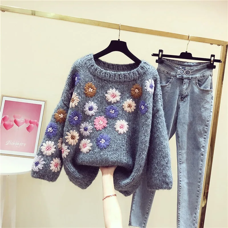 3 Flower Lazy Wind Sweater Loose-Fit Sweaters Ladies Jumper