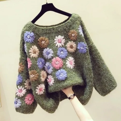 3 Flower Lazy Wind Sweater Loose-Fit Sweaters Ladies Jumper