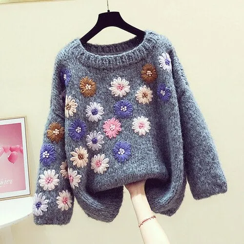 3 Flower Lazy Wind Sweater Loose-Fit Sweaters Ladies Jumper