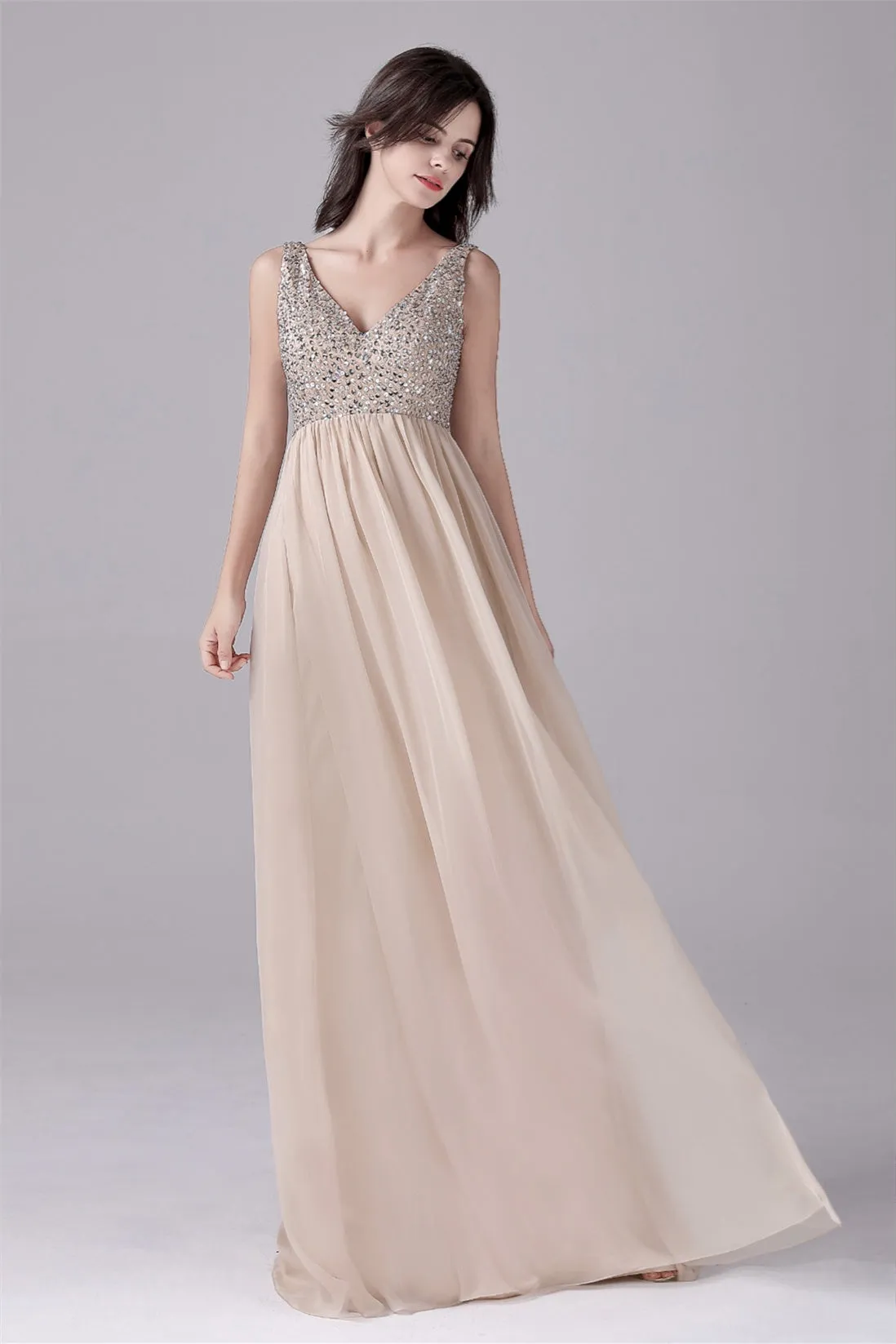 A-Line V-neck strap Sequined Floor Length Sleeveless Backless mother's dress