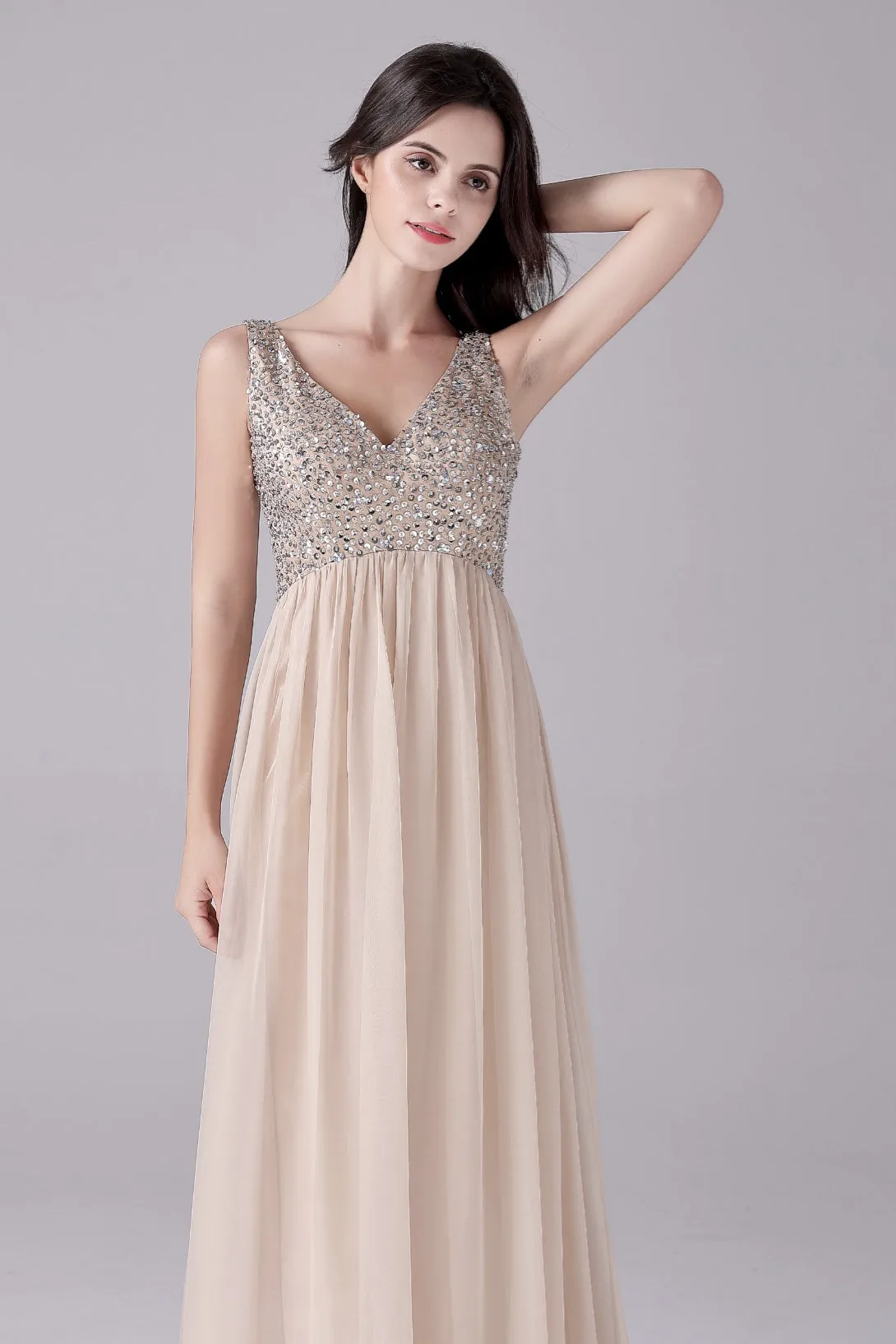 A-Line V-neck strap Sequined Floor Length Sleeveless Backless mother's dress