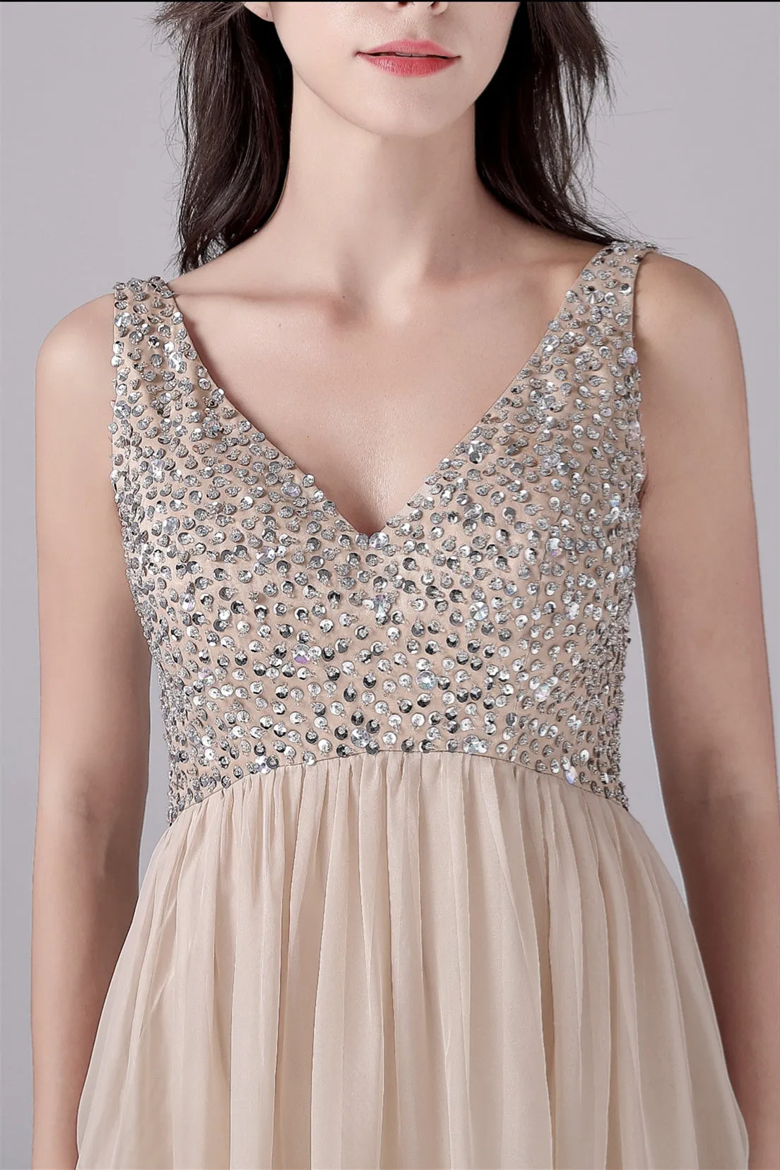 A-Line V-neck strap Sequined Floor Length Sleeveless Backless mother's dress