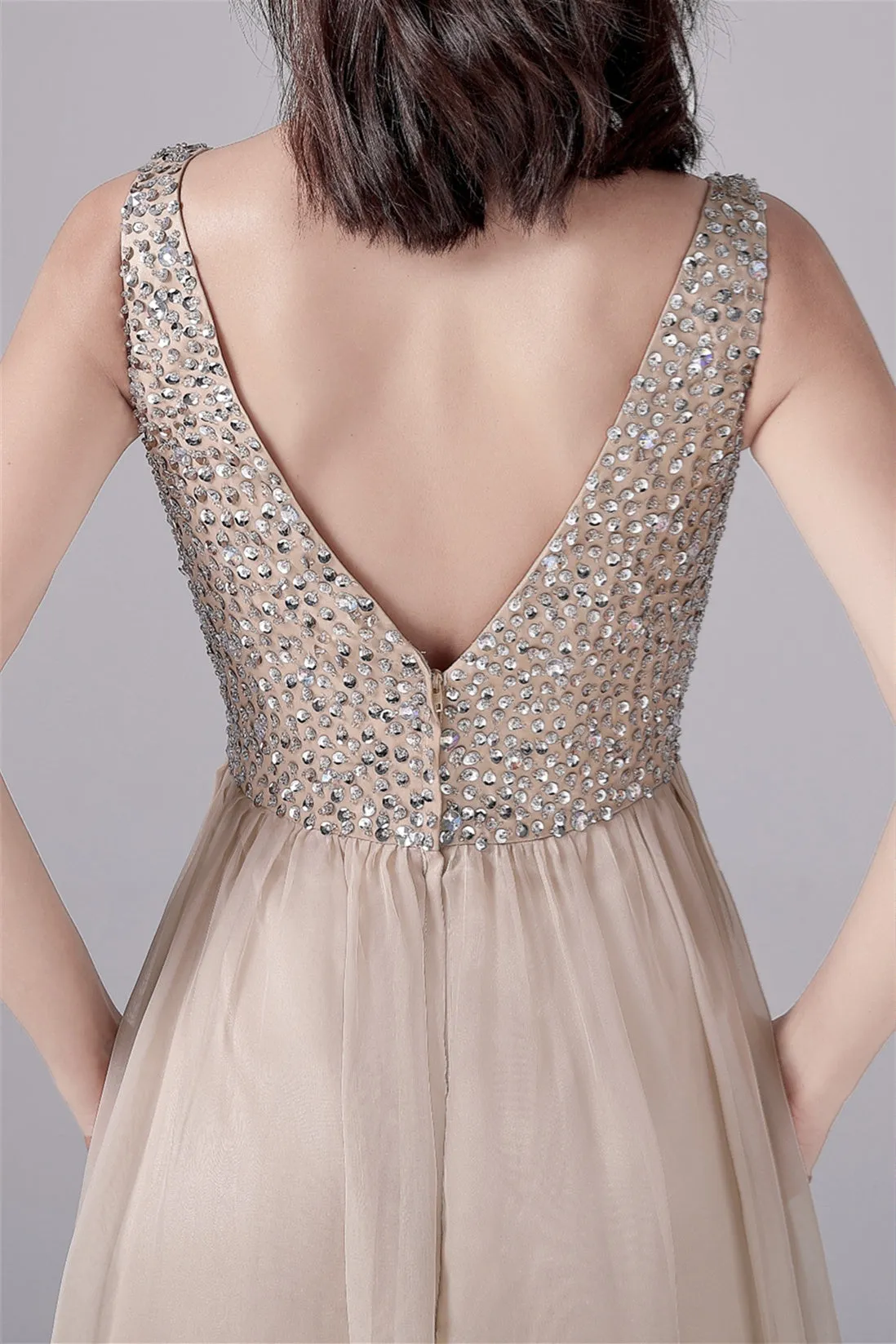 A-Line V-neck strap Sequined Floor Length Sleeveless Backless mother's dress