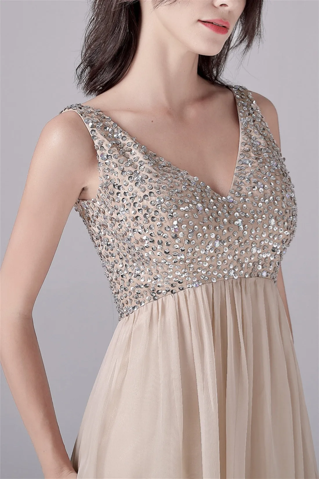 A-Line V-neck strap Sequined Floor Length Sleeveless Backless mother's dress