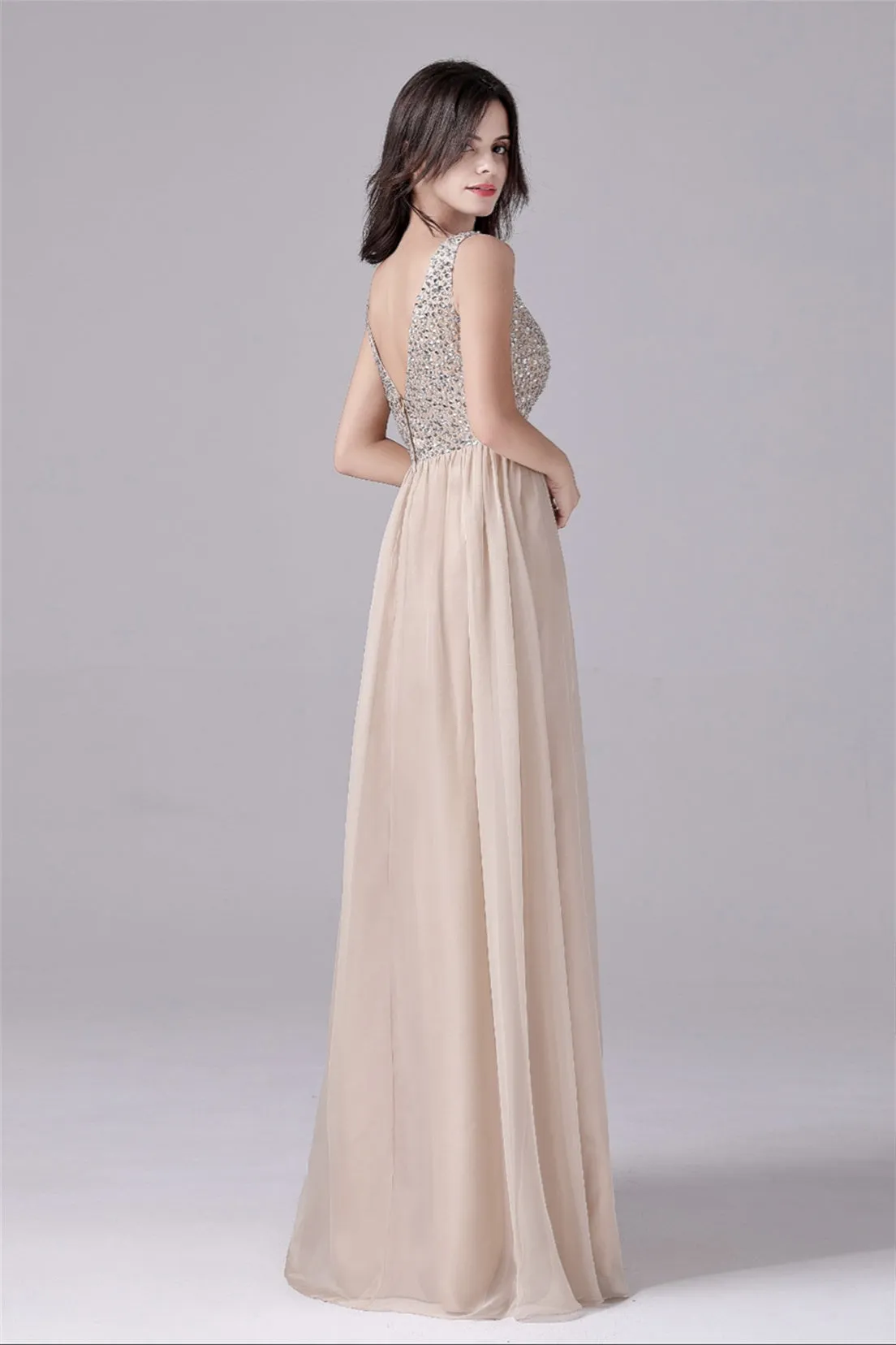 A-Line V-neck strap Sequined Floor Length Sleeveless Backless mother's dress