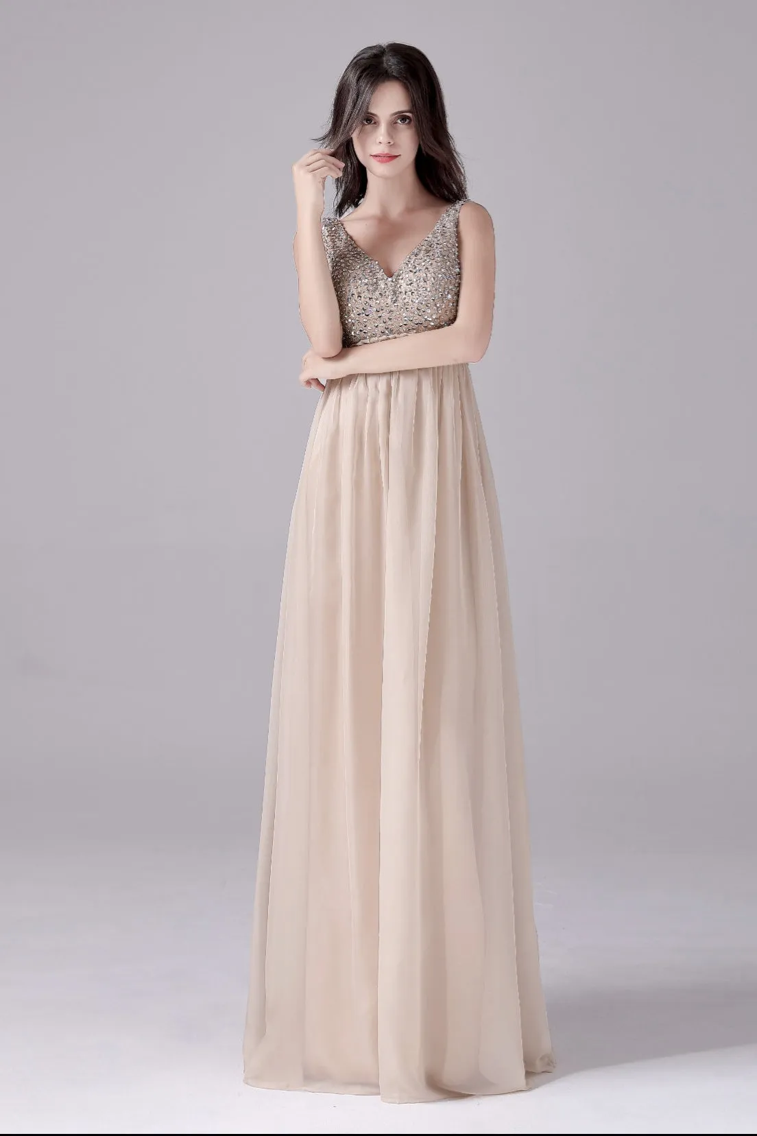 A-Line V-neck strap Sequined Floor Length Sleeveless Backless mother's dress