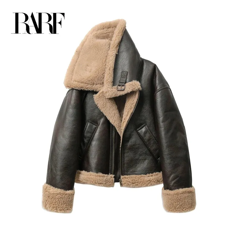 Autumn/Winter Women's Thick Pattern Double-Sided Short Jacket - Brown