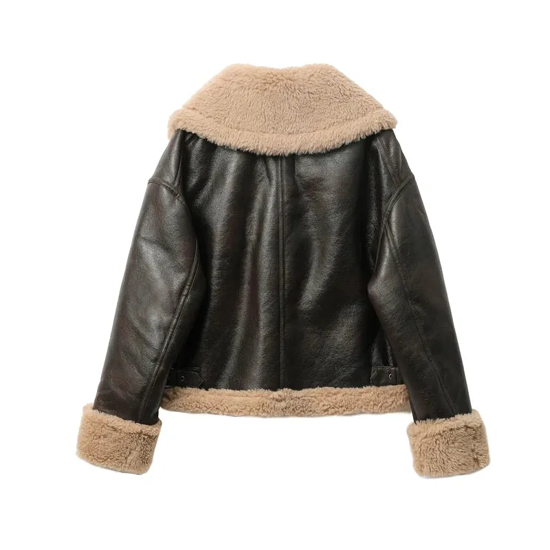 Autumn/Winter Women's Thick Pattern Double-Sided Short Jacket - Brown