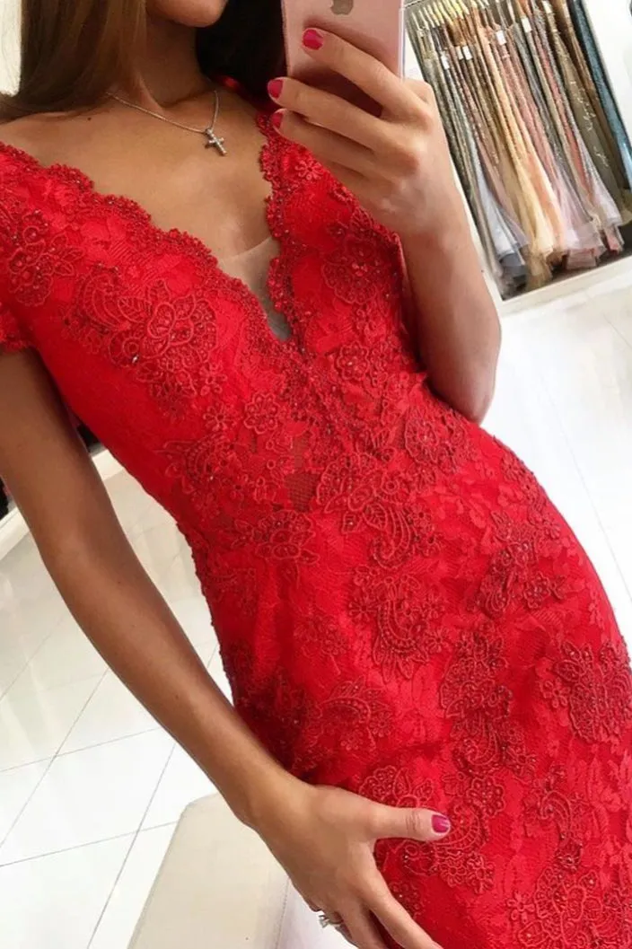 Backless V-neck Short Sleeves Lace Prom Dress Mermaid Red Long