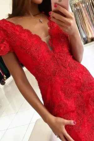 Backless V-neck Short Sleeves Lace Prom Dress Mermaid Red Long