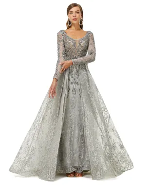 Ballbella Design | Sparkle Dusty Blue Beaded Mermaid Long sleeves Prom Dresses with Overskirt