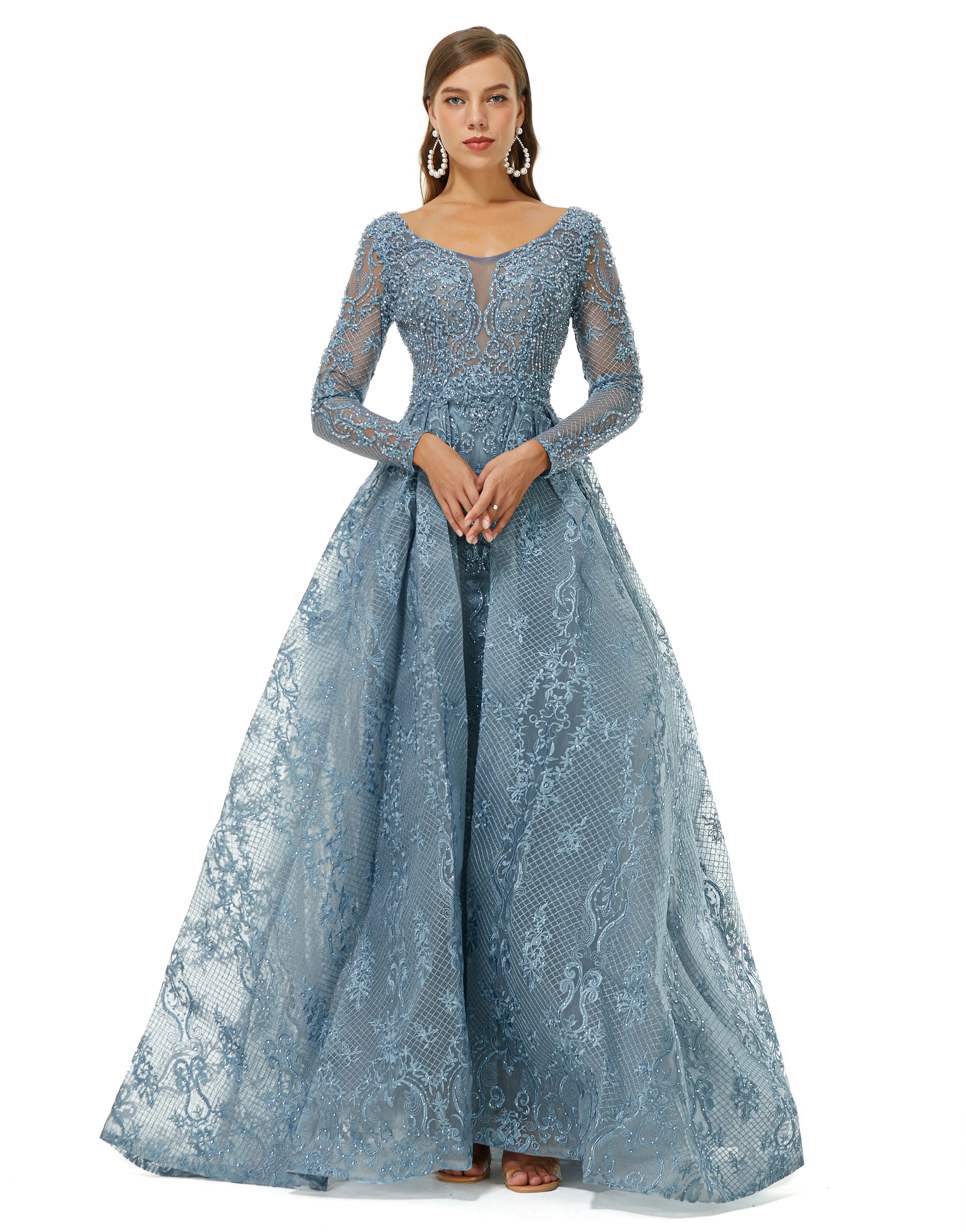Ballbella Design | Sparkle Dusty Blue Beaded Mermaid Long sleeves Prom Dresses with Overskirt