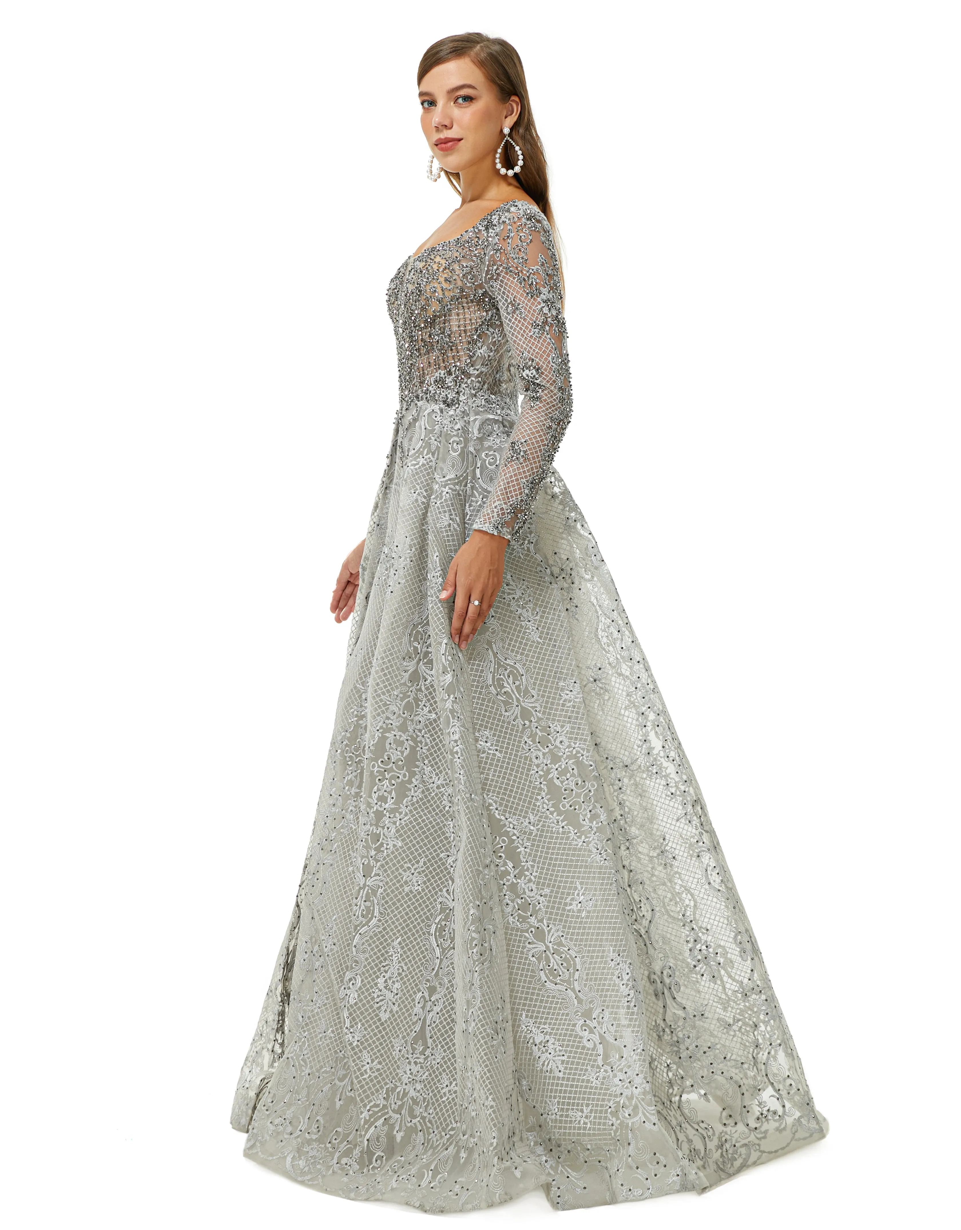 Ballbella Design | Sparkle Dusty Blue Beaded Mermaid Long sleeves Prom Dresses with Overskirt