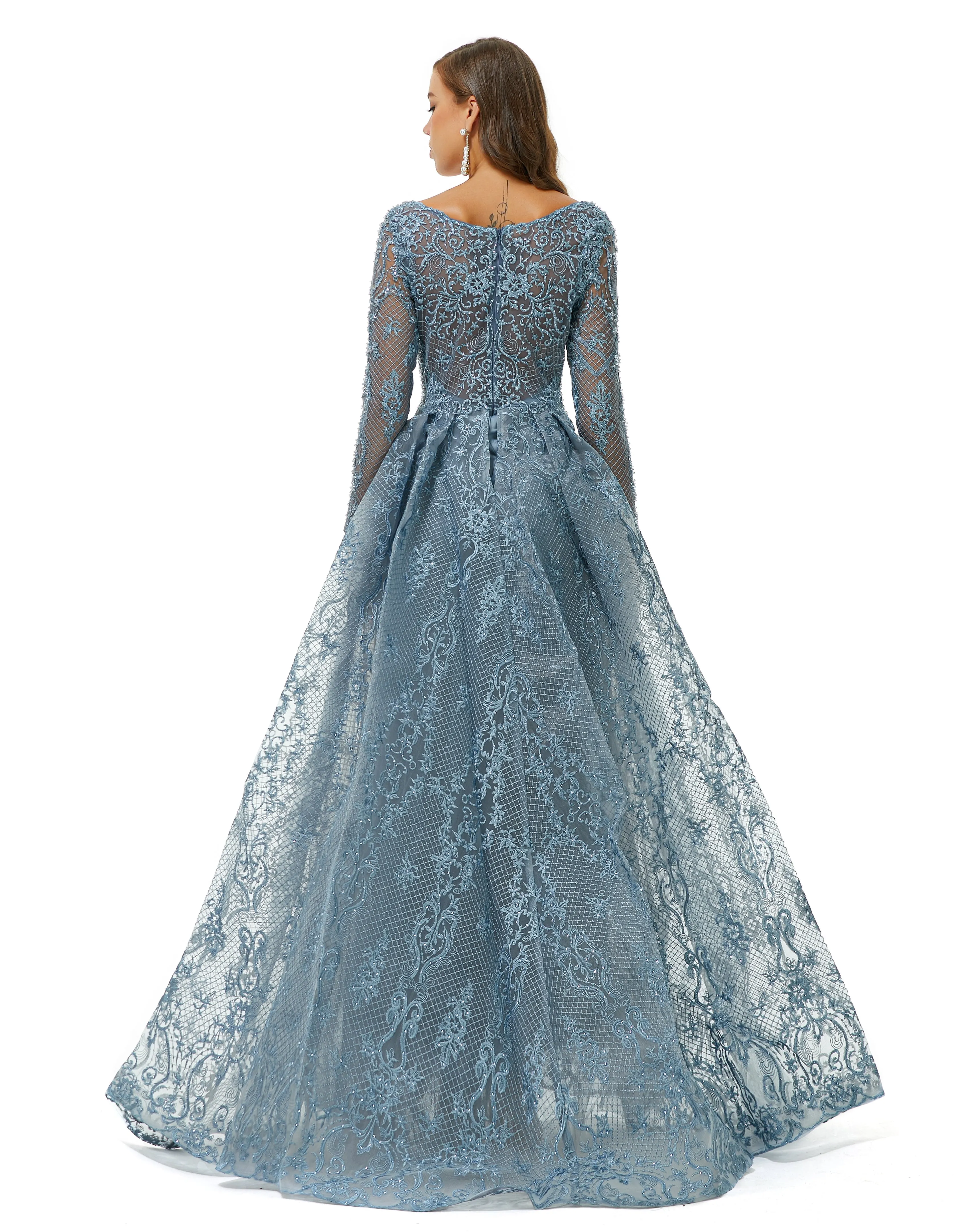 Ballbella Design | Sparkle Dusty Blue Beaded Mermaid Long sleeves Prom Dresses with Overskirt