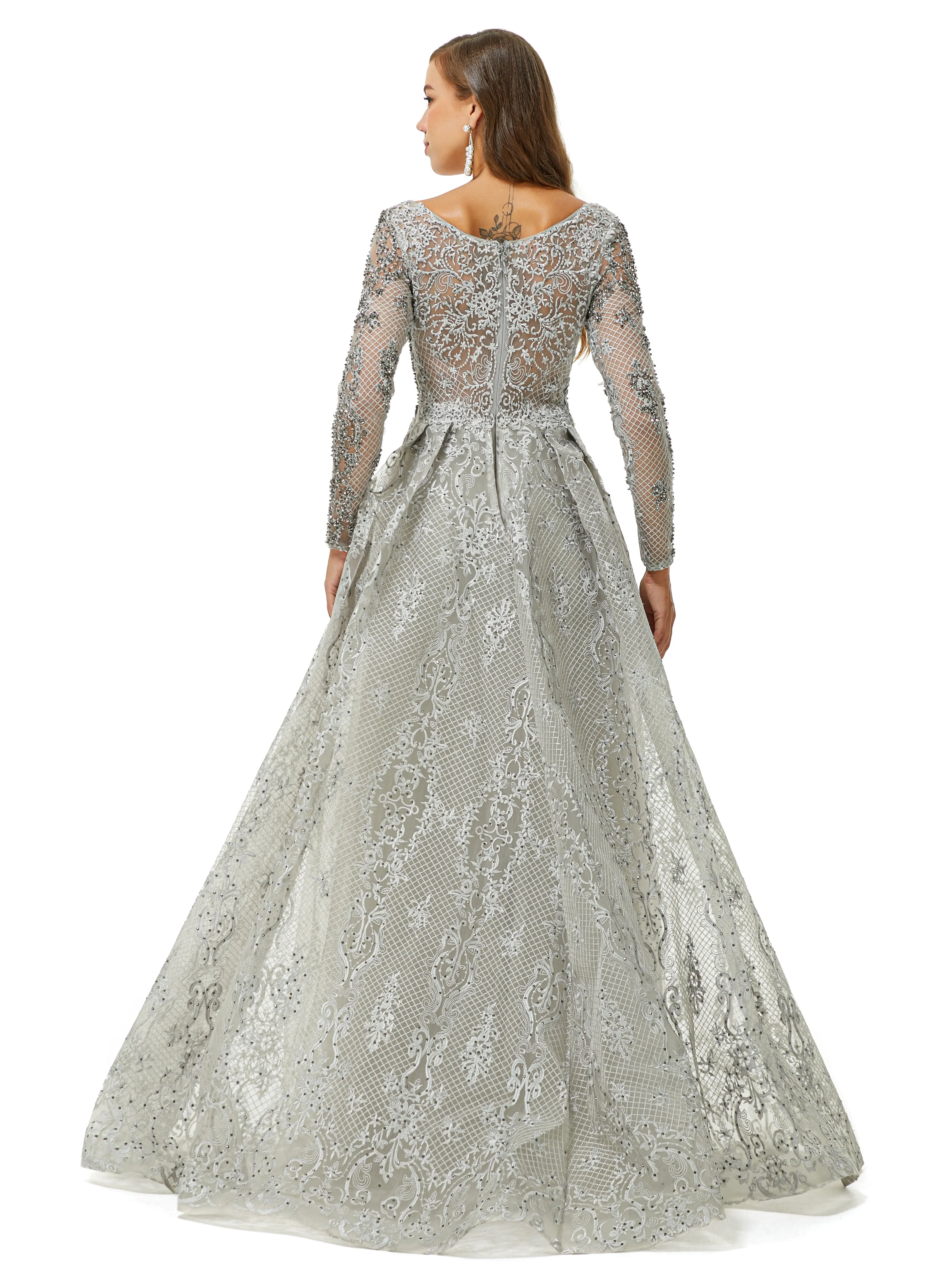 Ballbella Design | Sparkle Dusty Blue Beaded Mermaid Long sleeves Prom Dresses with Overskirt