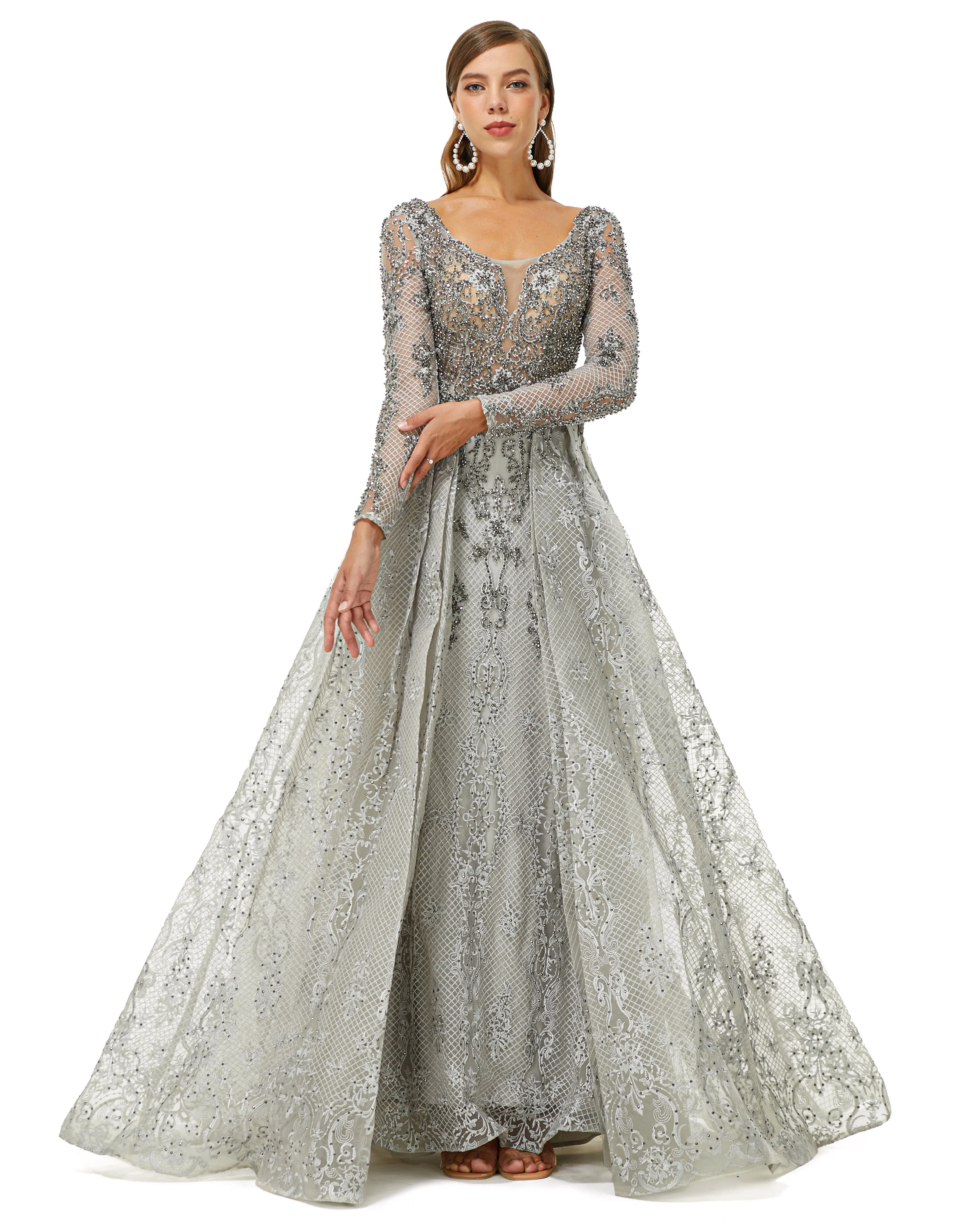 Ballbella Design | Sparkle Dusty Blue Beaded Mermaid Long sleeves Prom Dresses with Overskirt