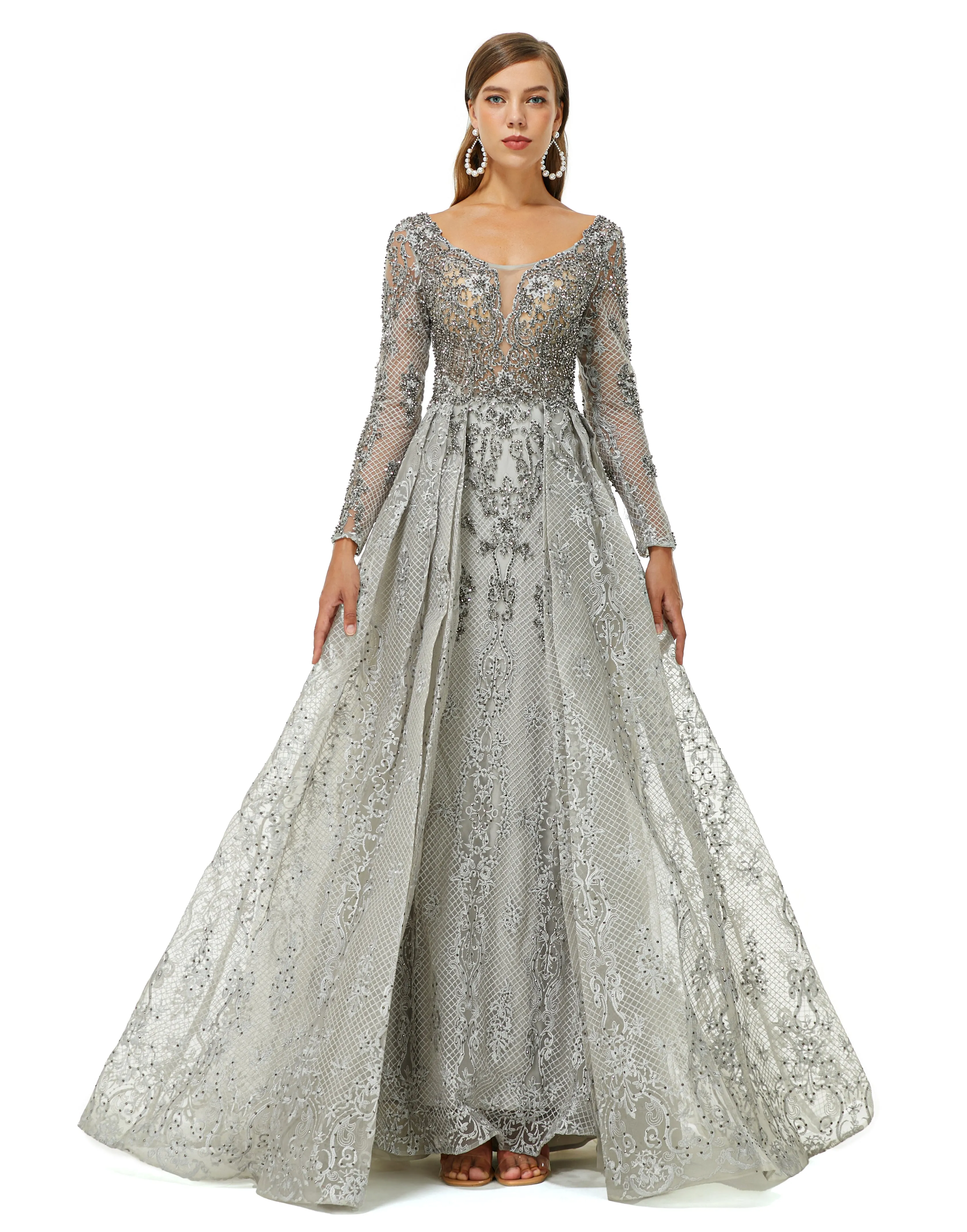 Ballbella Design | Sparkle Dusty Blue Beaded Mermaid Long sleeves Prom Dresses with Overskirt