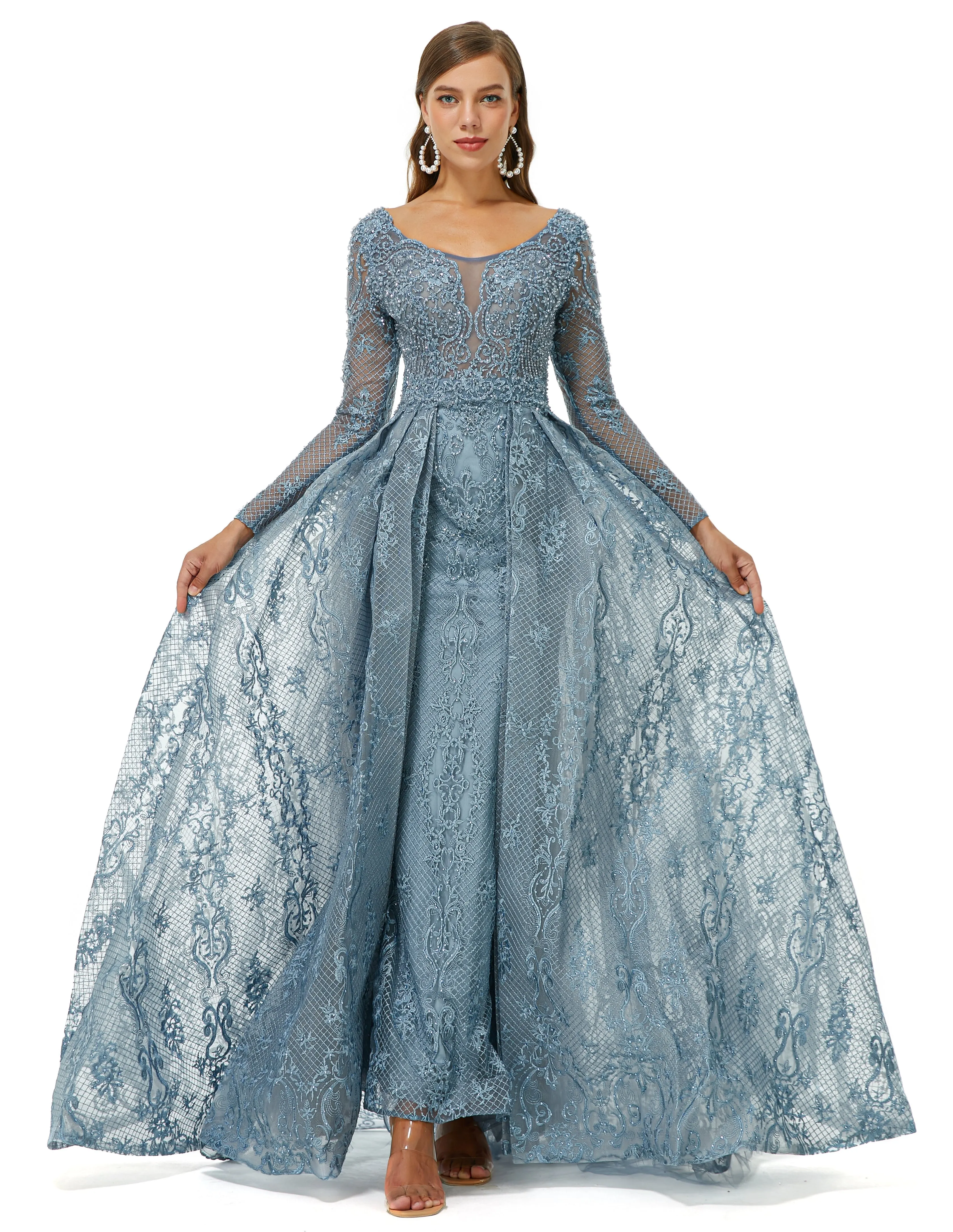Ballbella Design | Sparkle Dusty Blue Beaded Mermaid Long sleeves Prom Dresses with Overskirt