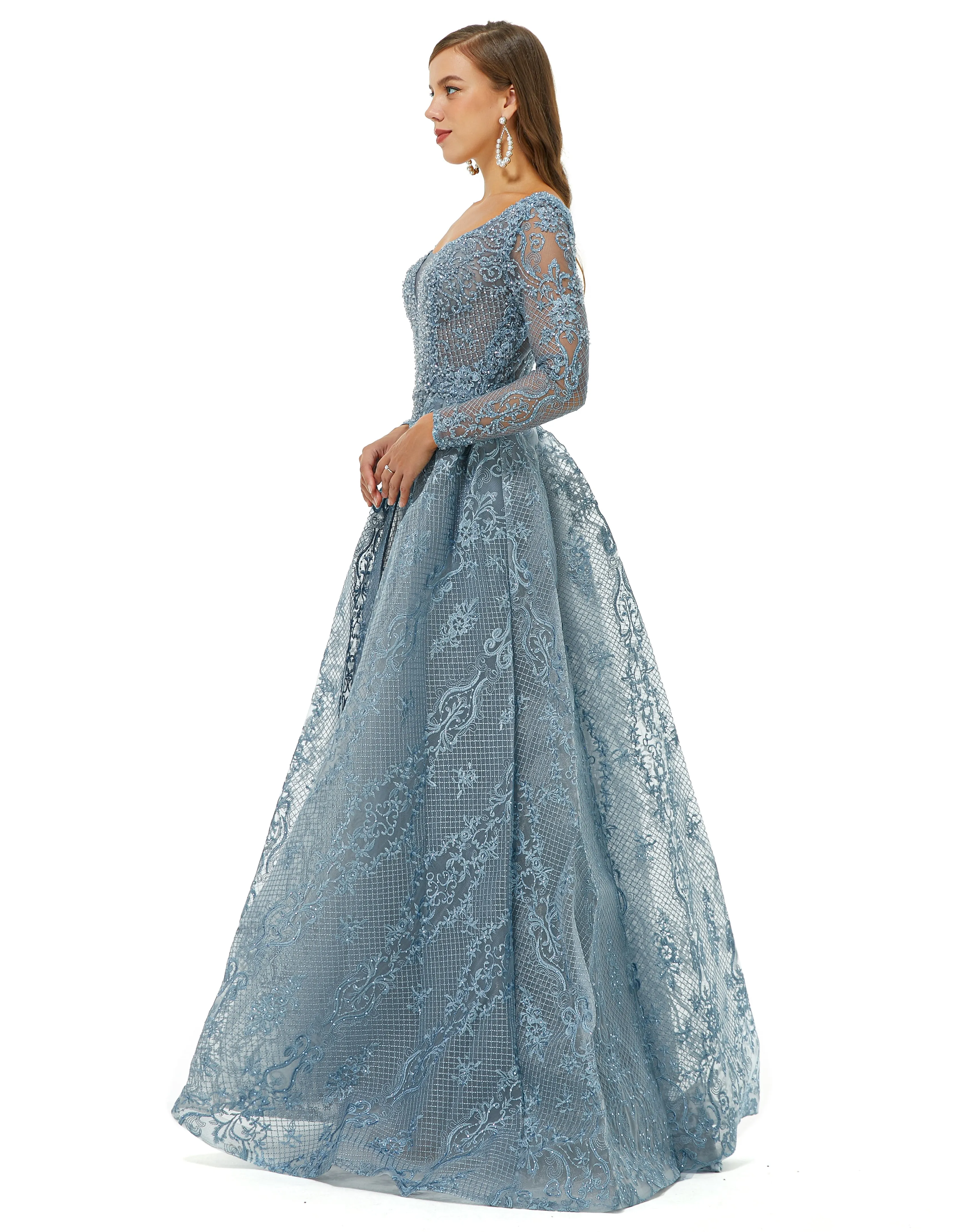 Ballbella Design | Sparkle Dusty Blue Beaded Mermaid Long sleeves Prom Dresses with Overskirt