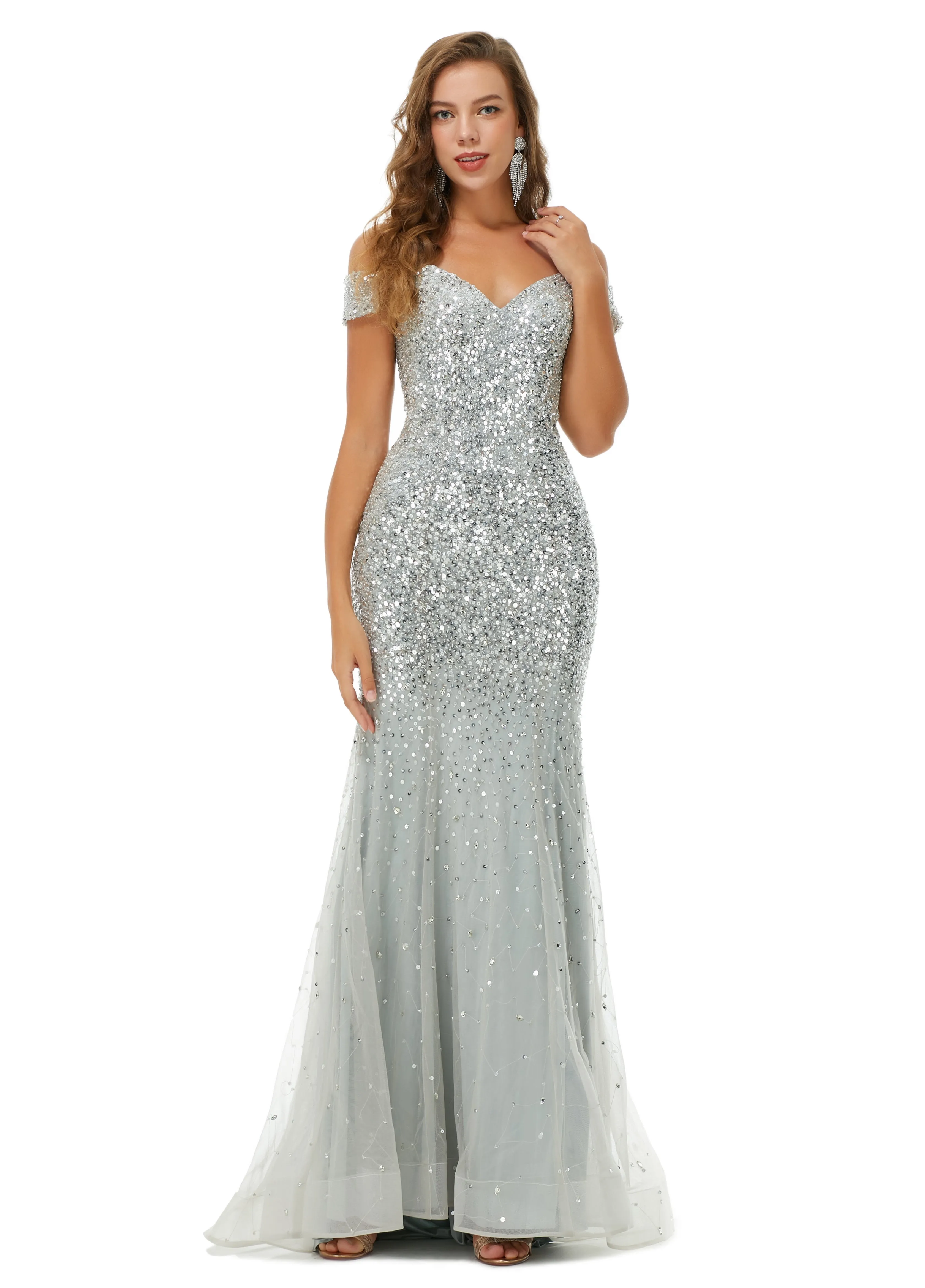 Ballbella Design | Sparkle Silver Mermaid Beaded Cap sleeves Off-the-shoulder Prom Dresses
