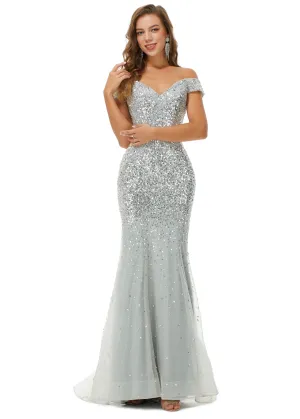 Ballbella Design | Sparkle Silver Mermaid Beaded Cap sleeves Off-the-shoulder Prom Dresses