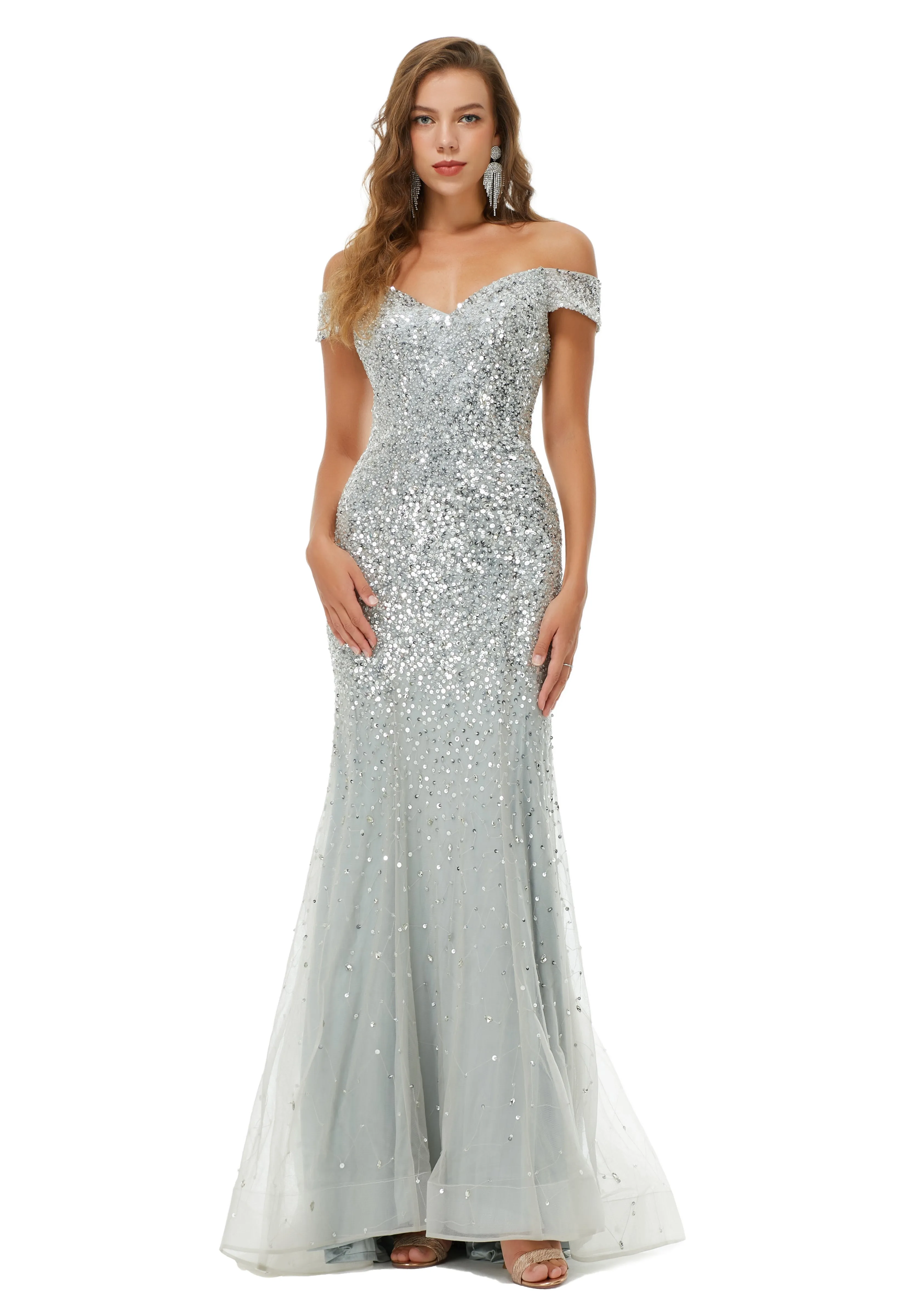 Ballbella Design | Sparkle Silver Mermaid Beaded Cap sleeves Off-the-shoulder Prom Dresses
