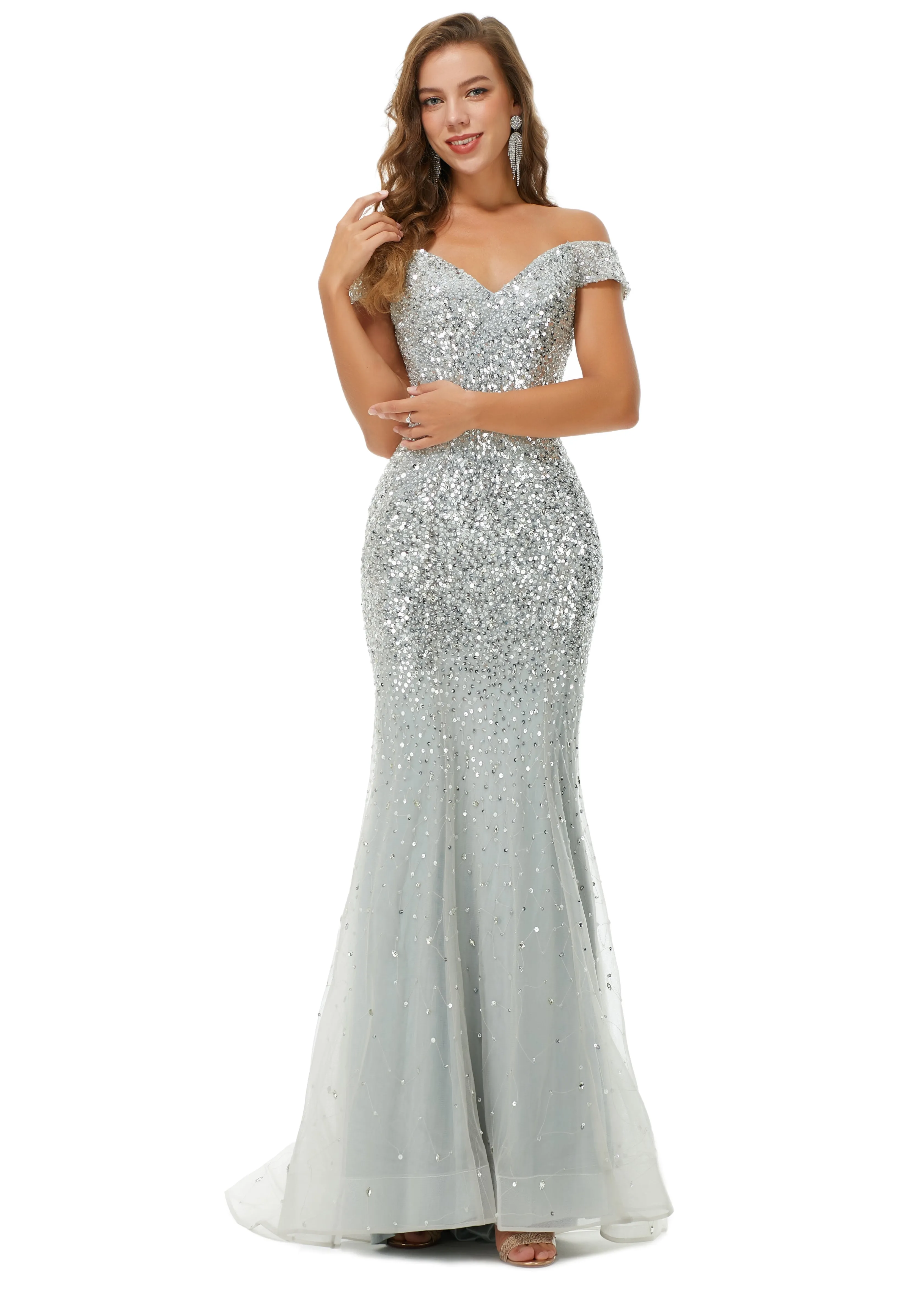 Ballbella Design | Sparkle Silver Mermaid Beaded Cap sleeves Off-the-shoulder Prom Dresses