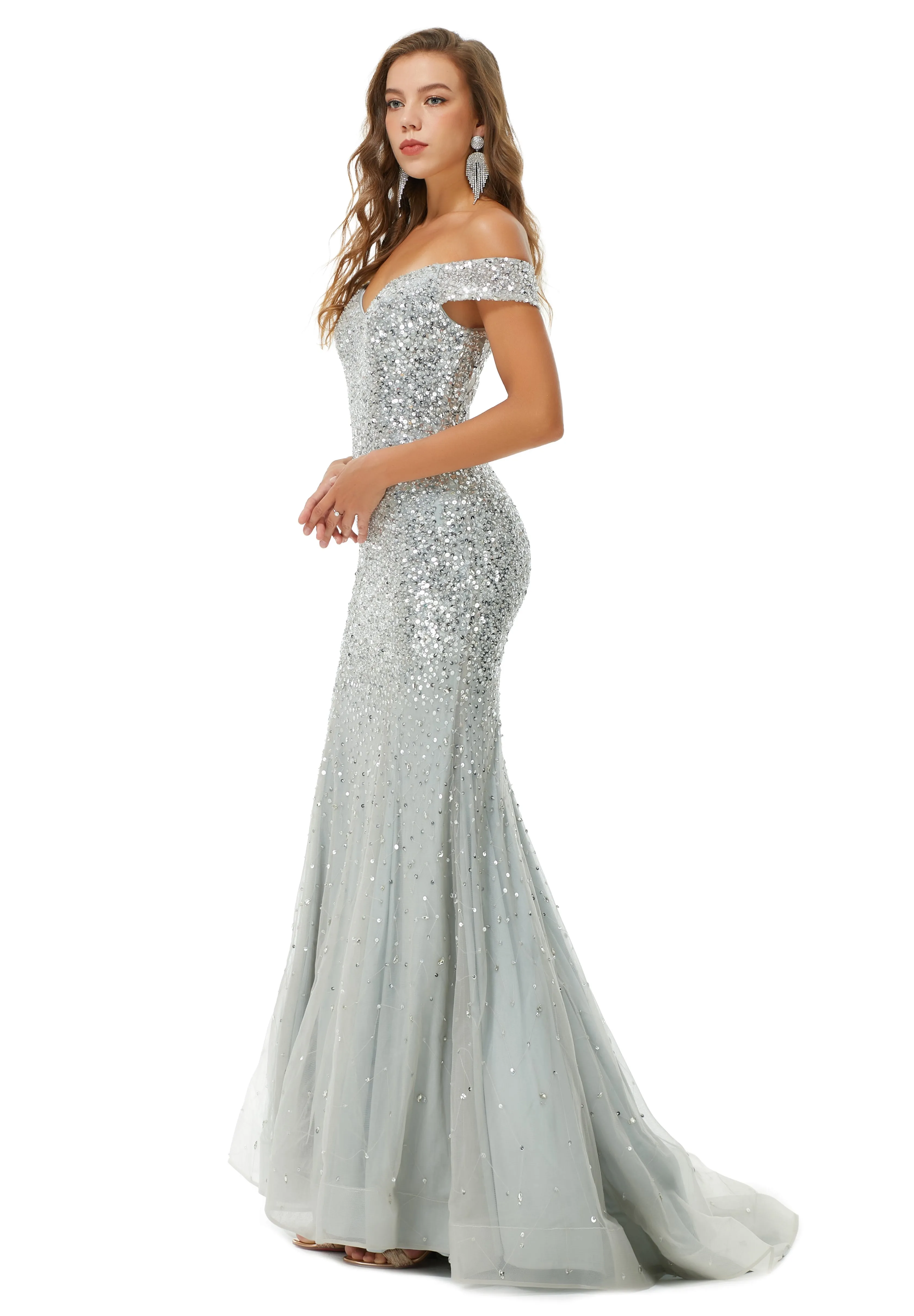 Ballbella Design | Sparkle Silver Mermaid Beaded Cap sleeves Off-the-shoulder Prom Dresses