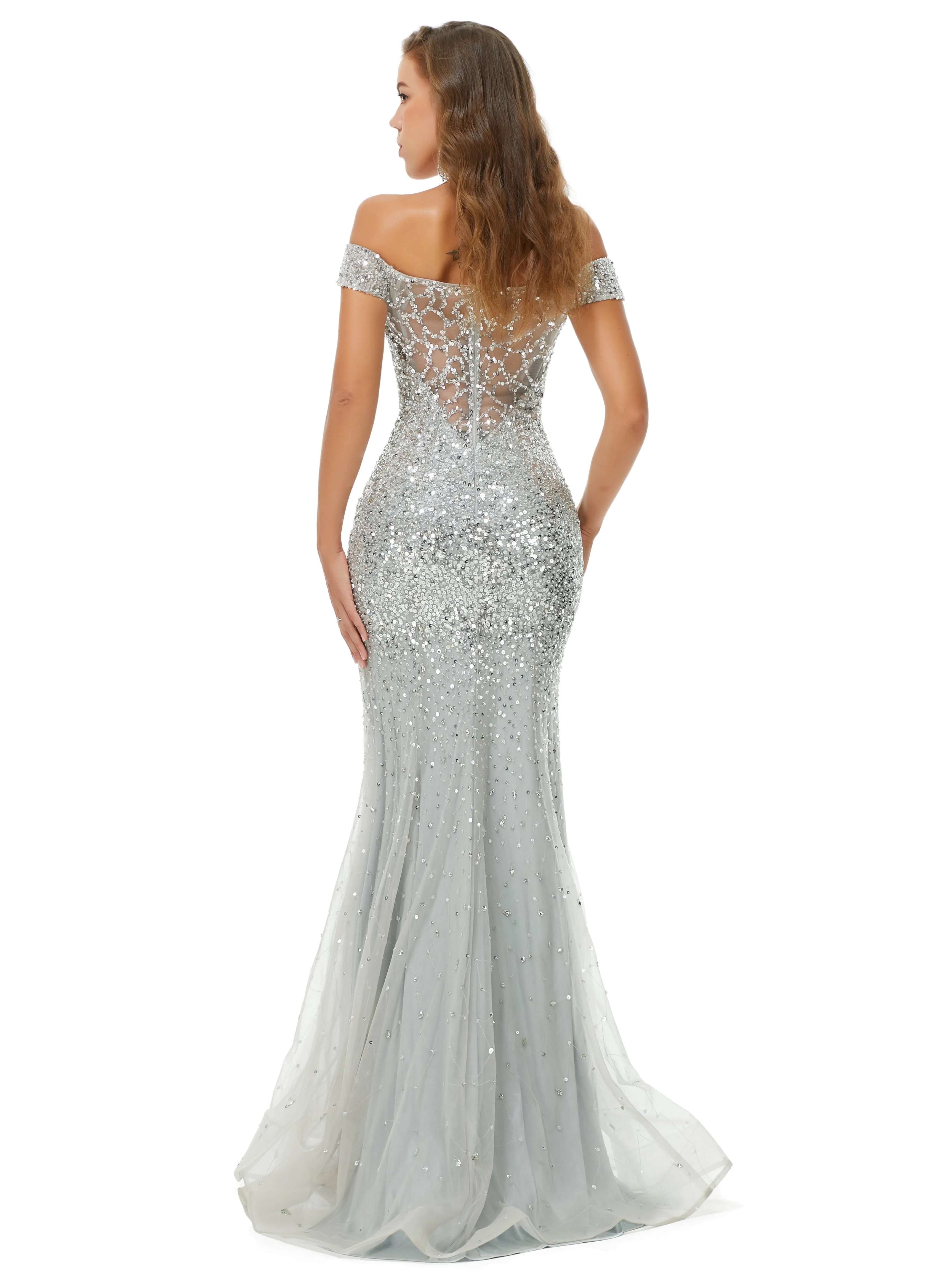 Ballbella Design | Sparkle Silver Mermaid Beaded Cap sleeves Off-the-shoulder Prom Dresses