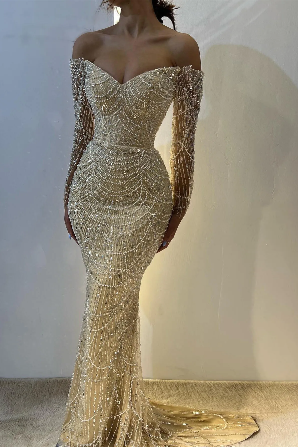 Beautiful Off-the-Shoulder Long Sleeves Prom Dress Mermaid Pearls With Beads