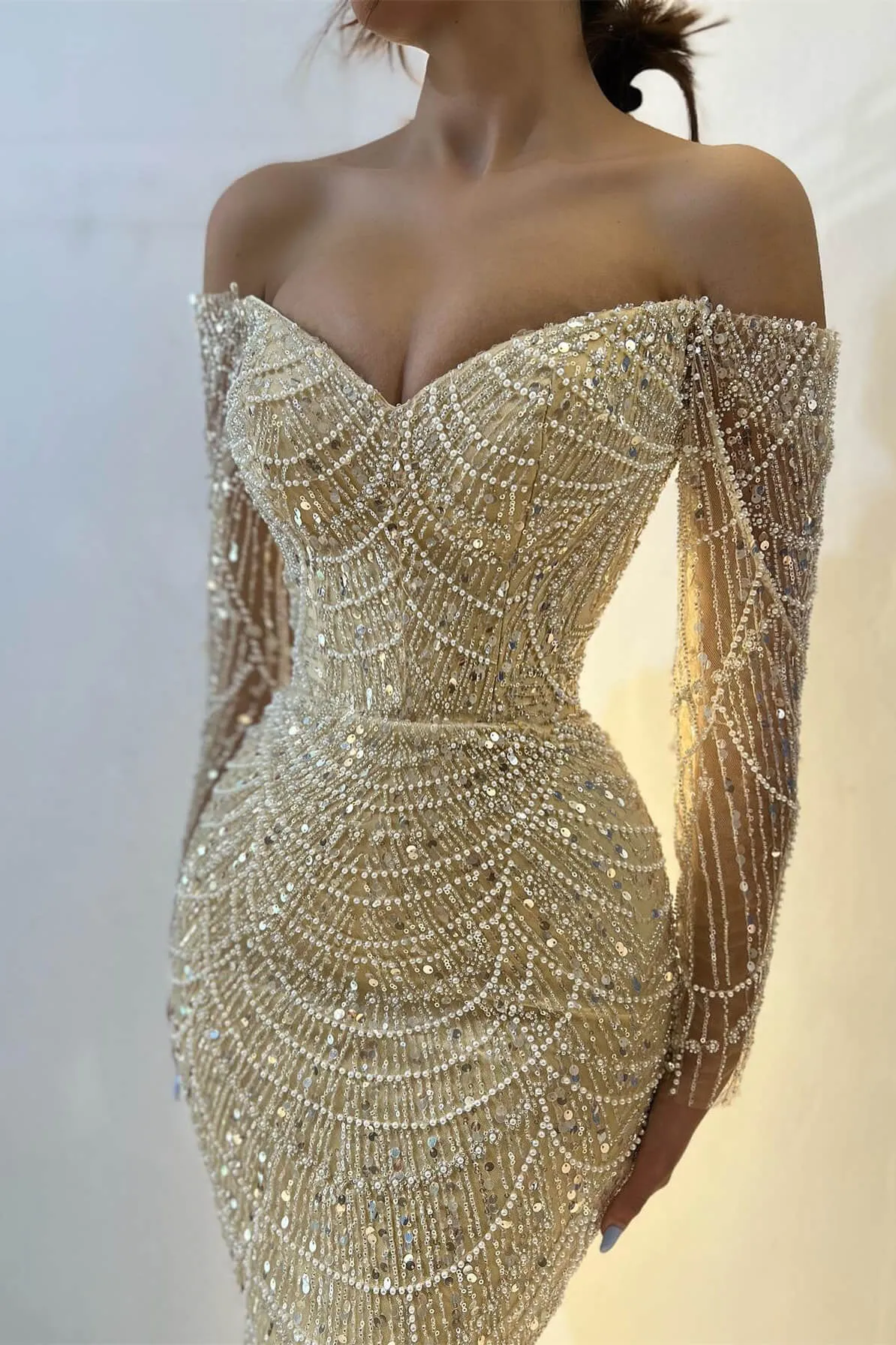 Beautiful Off-the-Shoulder Long Sleeves Prom Dress Mermaid Pearls With Beads