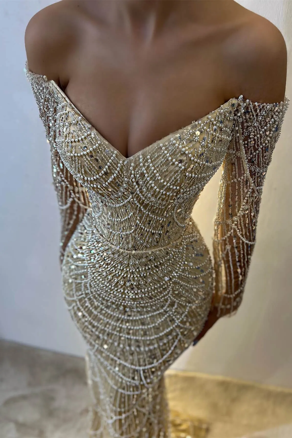 Beautiful Off-the-Shoulder Long Sleeves Prom Dress Mermaid Pearls With Beads