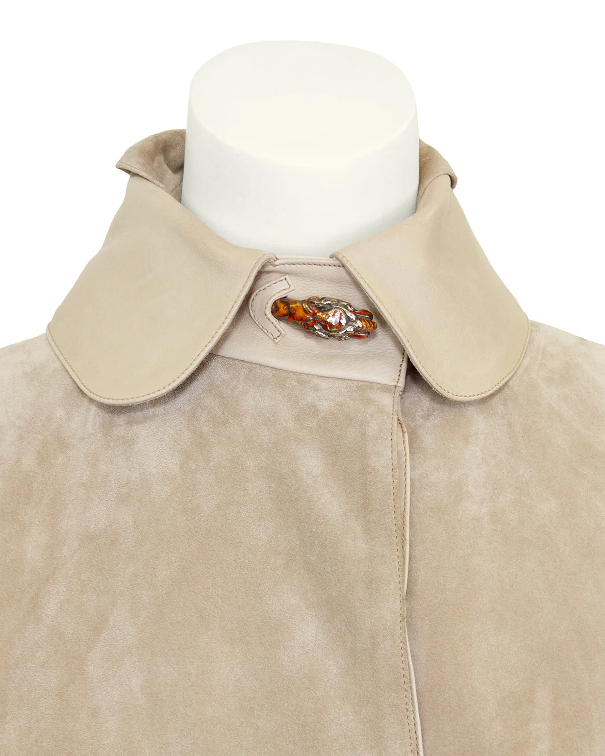 Beige Suede and Leather Trench Coat with Enamel Tiger Head Details