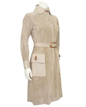Beige Suede and Leather Trench Coat with Enamel Tiger Head Details