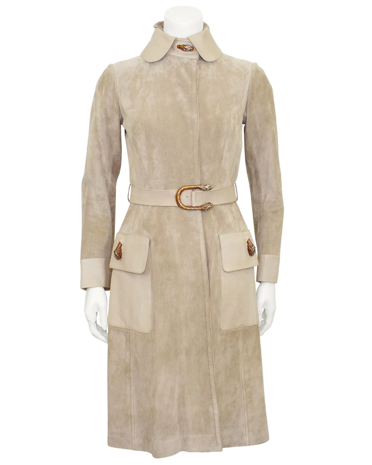 Beige Suede and Leather Trench Coat with Enamel Tiger Head Details