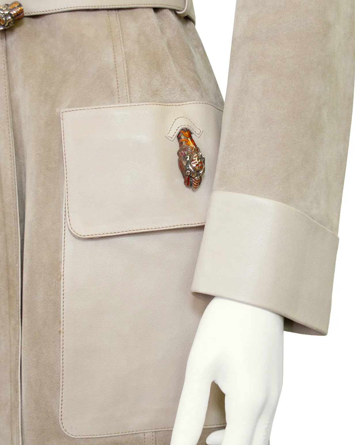 Beige Suede and Leather Trench Coat with Enamel Tiger Head Details