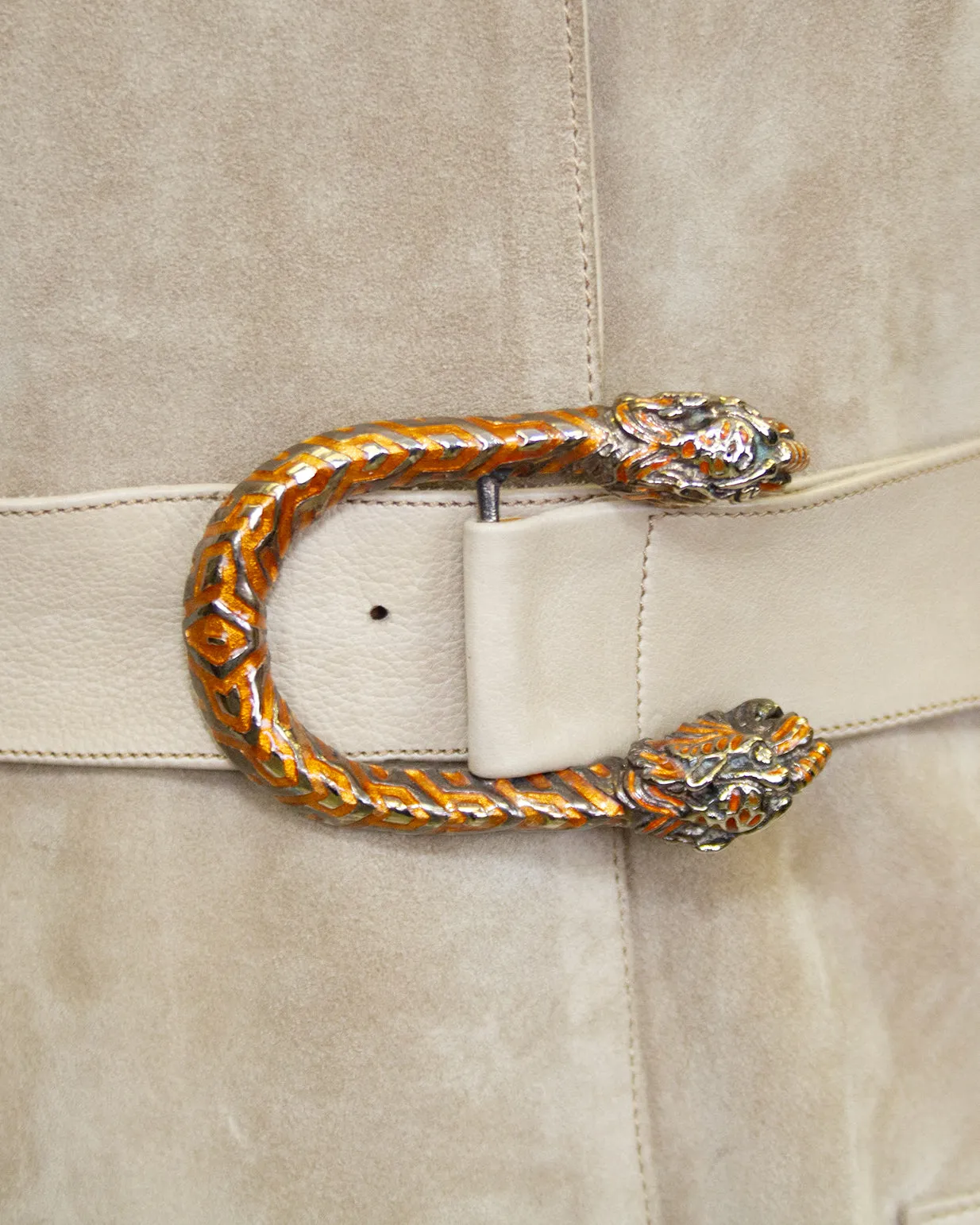 Beige Suede and Leather Trench Coat with Enamel Tiger Head Details