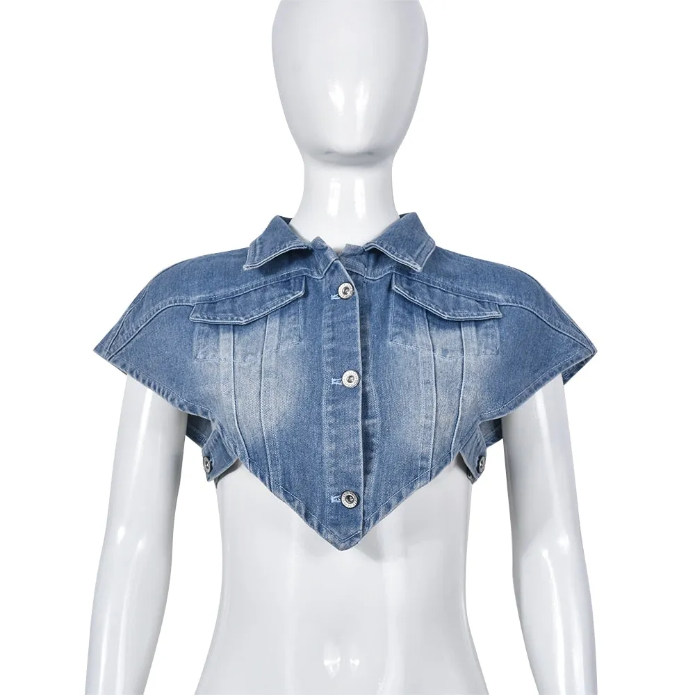 BerryBetty - Sexy Sleeveless Single-breasted Blue Denim Vest Women's Turn-down Collar Cut Out Short Jean Jacket All-match Tank Coats