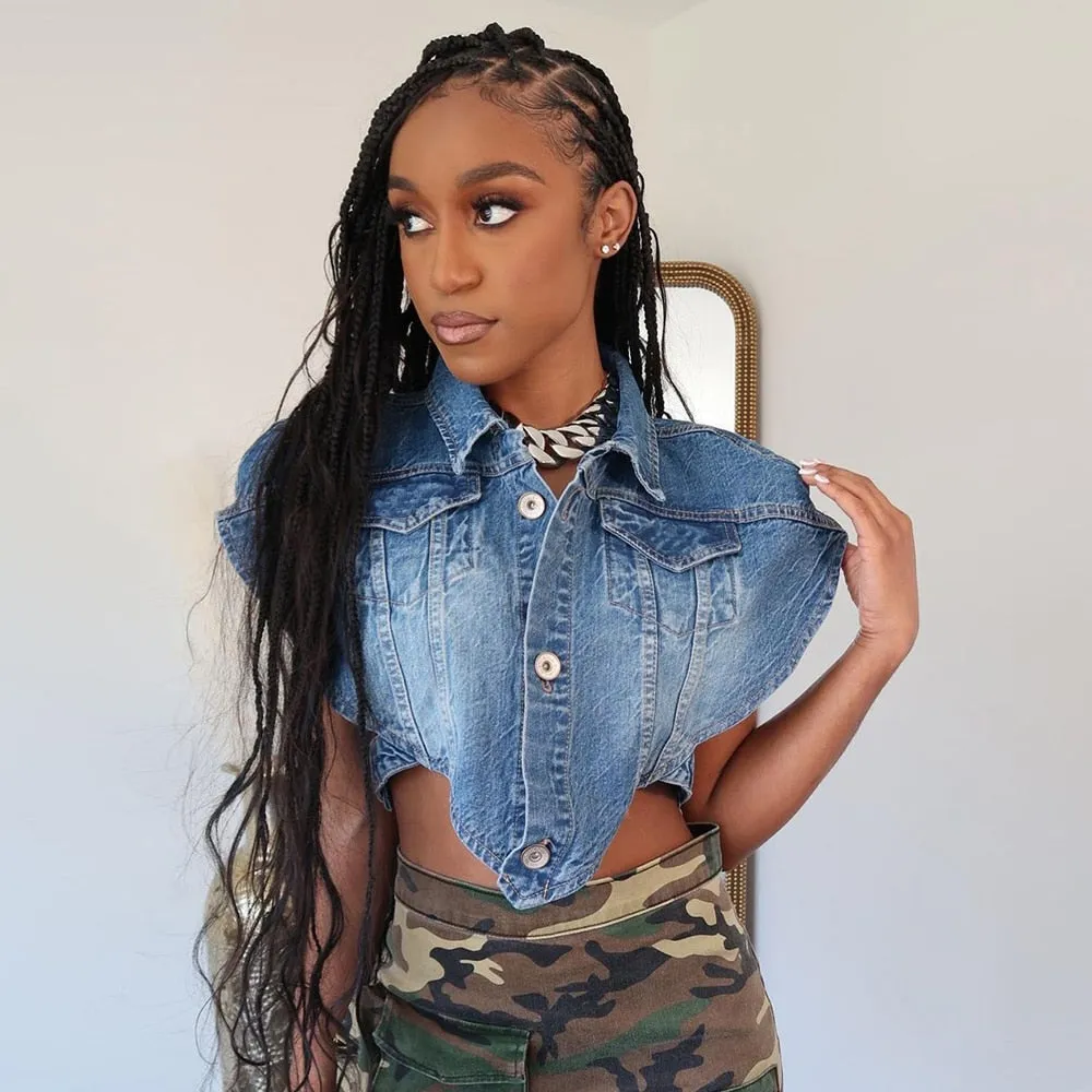 BerryBetty - Sexy Sleeveless Single-breasted Blue Denim Vest Women's Turn-down Collar Cut Out Short Jean Jacket All-match Tank Coats