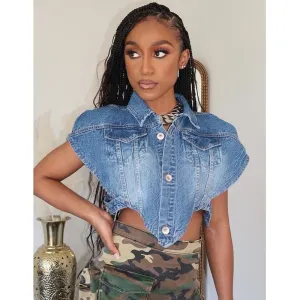 BerryBetty - Sexy Sleeveless Single-breasted Blue Denim Vest Women's Turn-down Collar Cut Out Short Jean Jacket All-match Tank Coats