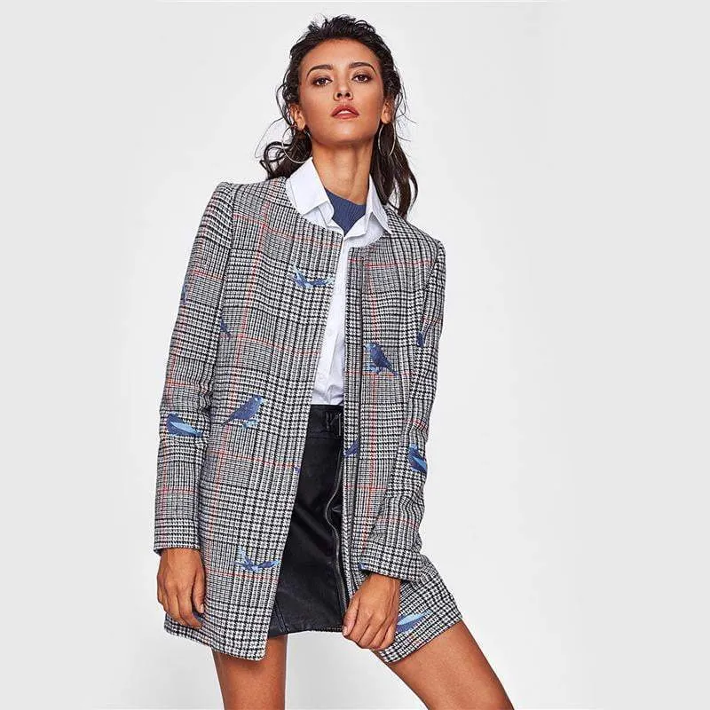 Bird Embroidered Hidden Zip Plaid Coat