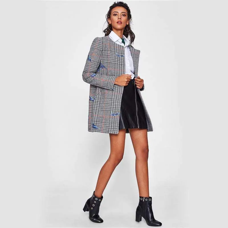 Bird Embroidered Hidden Zip Plaid Coat