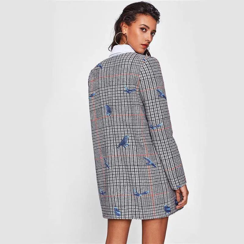 Bird Embroidered Hidden Zip Plaid Coat