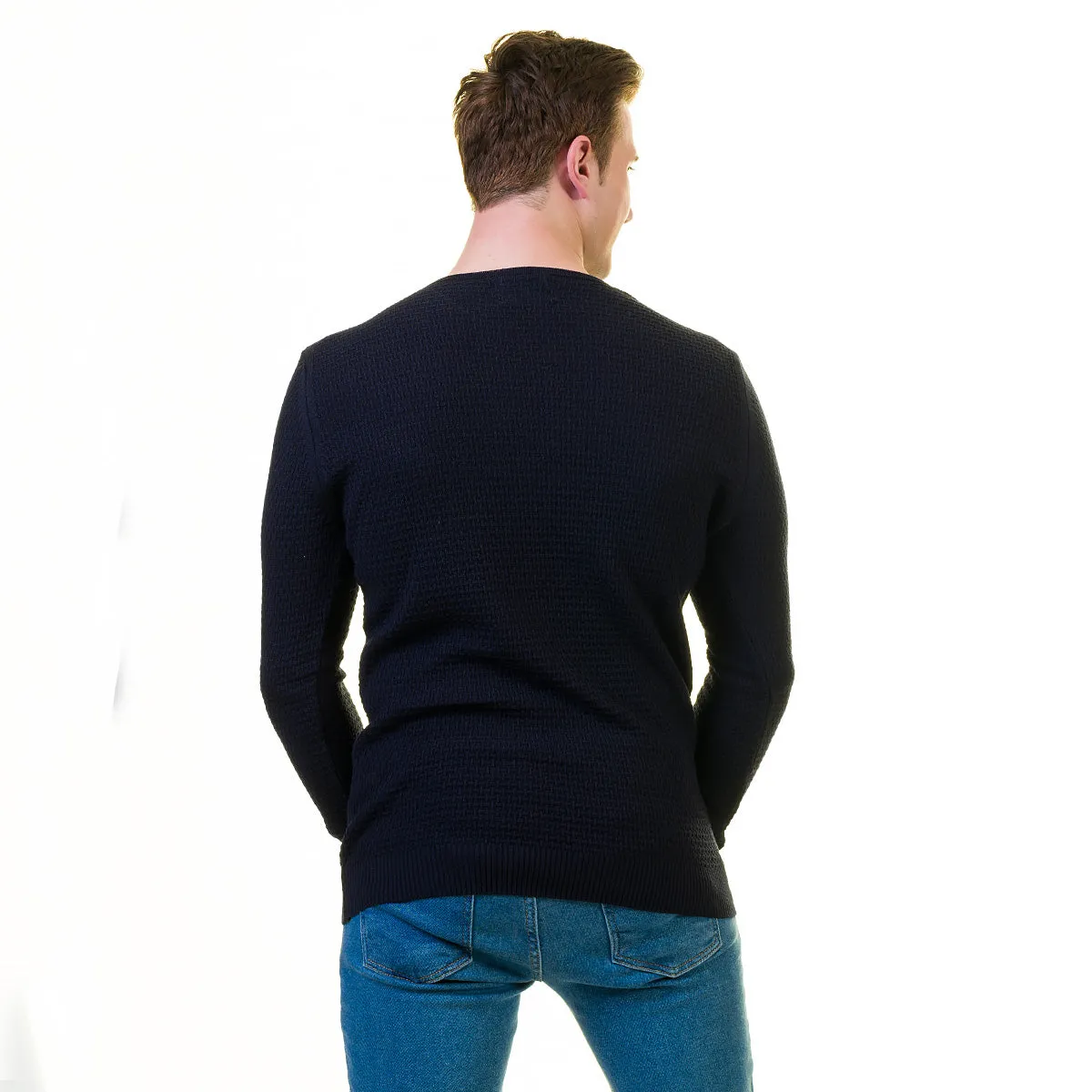 Black Rounded Neck European Wool Luxury Zippered With Sweater Jacket Warm Winter Tailor Fit